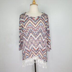 Younique Multi-Color Tribal Aztec Fringe Lace Stretchy Sweater Top NEW Size 3X